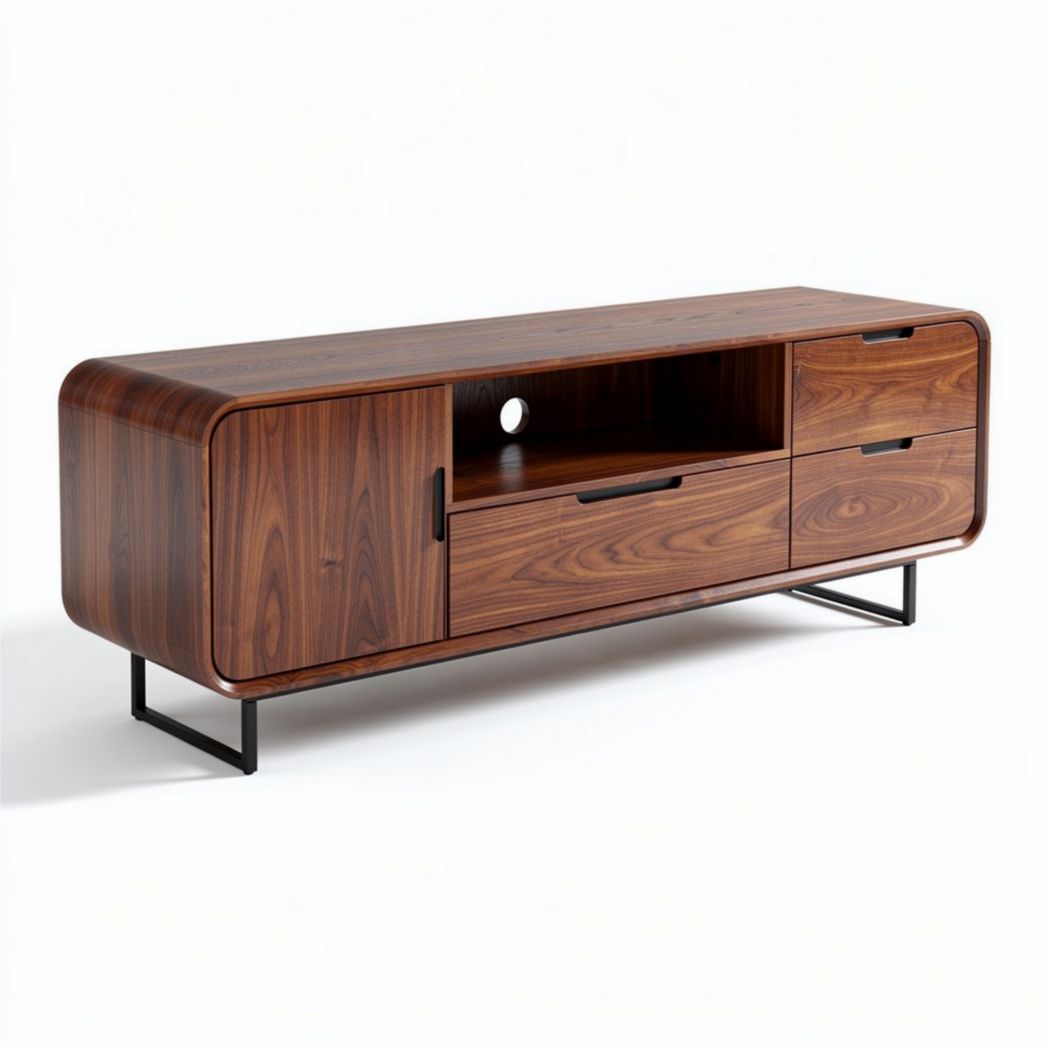 Mobiletto moderno in legno noce con piedi in metallo e cassetti 150 x 40 x 50cm