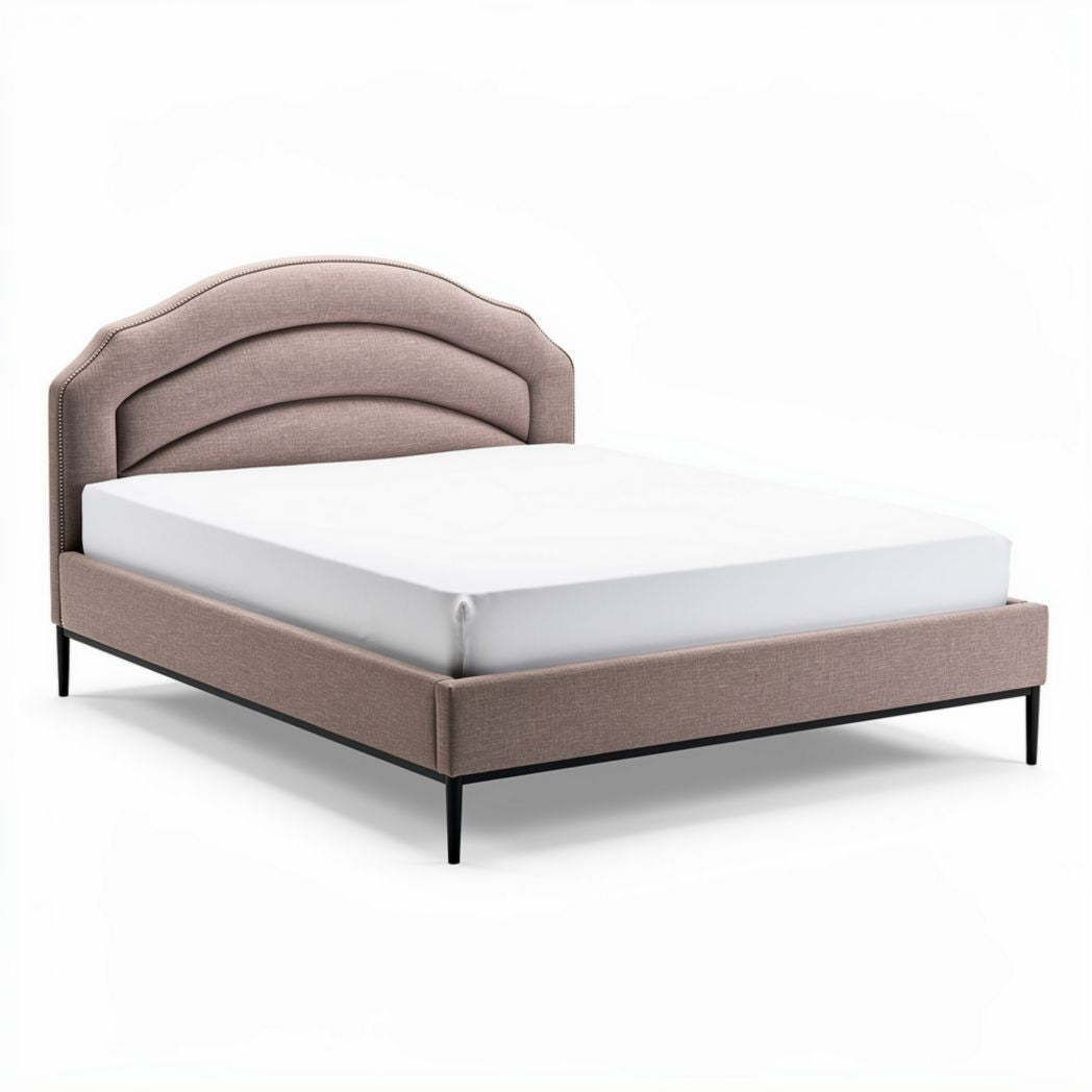 Letto matrimoniale imbottito in tessuto trapsuntato color beige 210 x 160 x 100cm