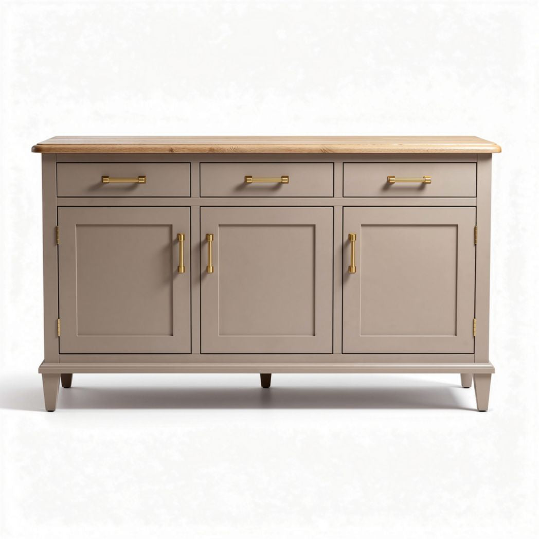 Credenza in legno massello con piano in finitura naturale e tre cassetti 150 x 45 x 85cm