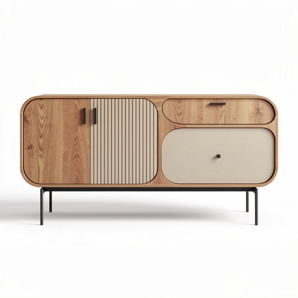 Mobiletto in legno naturale con gambe nere e ante a ribalta 120 x 40 x 75cm
