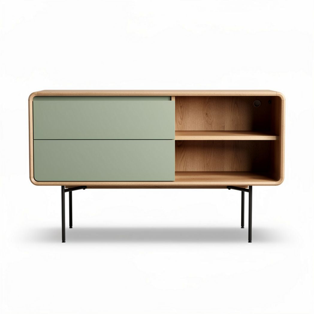 Mobiletto in legno di rovere con ante verde opaco e dimensioni 150 x 40 x 70cm